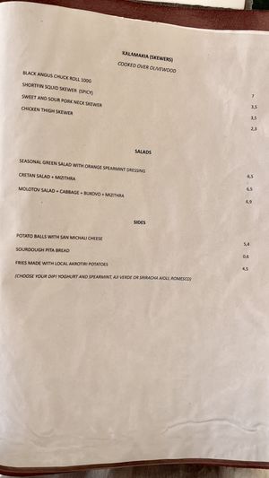 Menu  at Abla in Crete