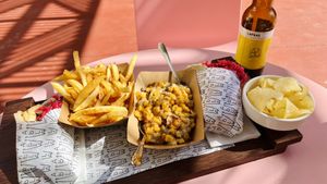 2x Beetroot falafel, fries, corn with mushrooms and vegan cheese, non-alcoholic beer  at Abla in Crete