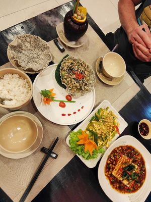 R - Silken tofu, green jelly plate, Fig salad at Tĩnh Garden Vegetarian in Hue