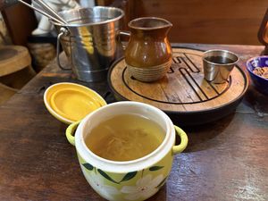 Tea and noodle soupp  at Liulianfang - Xin'an Branch - 流莲舫素食馆 - 新安店 in Shenzhen