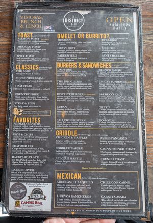 2026 menu at The District Cafe in Bakersfield