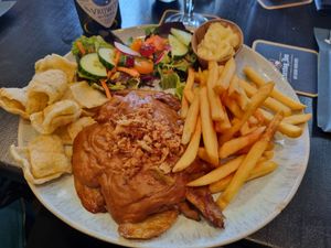 Chick'n satay with fries, salad and krupuk at De Liefhebber in Delft