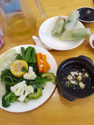Boiled veggies and dipping sauce at Ẩm Thực Chay Nhân Tâm in Tuy Hoa