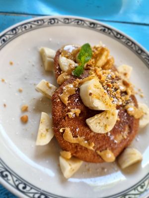 Vegan Banana, Oat, and Peanut Butter Pancakes at Mingle Cafe in Hue