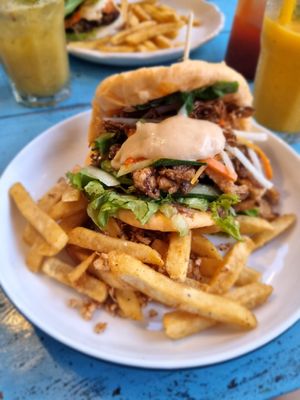 Pulled Jackfruit Bao and Fries (specify vegan when ordering, it should be vegan by default but just verify) at Mingle Cafe in Hue