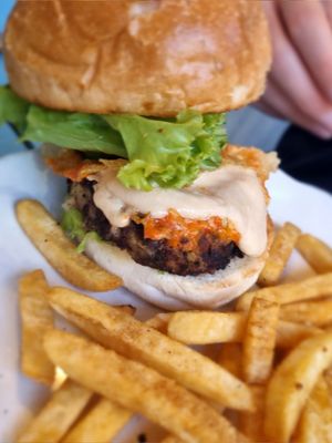 Vegetarian Burger (changed cheese, sauce, and mayo to vegan) and Fries at Mingle Cafe in Hue