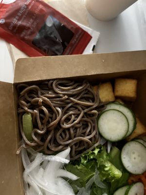 Tofu, cucumbers, grain, buckwheat noodles, carrots, nuts, olives, jalepenoes, onions   at Salady - Busan Seomyeon in Busan