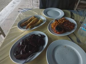 Grilled peppers, beet root salad and a mixed plate of: giant beans in tomato sauce, eggplant casserole, stuffed tomato with rice at Poseidon in Palaia Epidavros