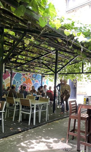 Outside garden at Zrno Bio Bistro in Zagreb