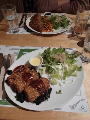 Breaded Tofu and Cordon Bleu made of Seitan at Zrno Bio Bistro in Zagreb