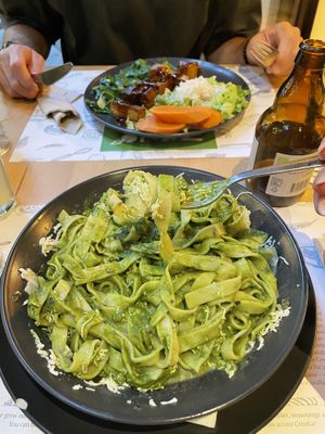 Green pasta and Mega Protein  at Zrno Bio Bistro in Zagreb