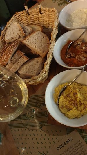 Sourdough and 3 spreads at Zrno Bio Bistro in Zagreb