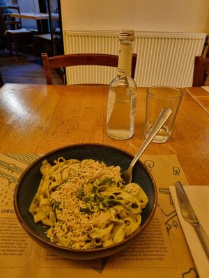 Green pasta at Zrno Bio Bistro in Zagreb