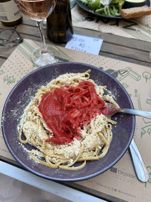 Pasta with beet sauce- so good!  at Zrno Bio Bistro in Zagreb