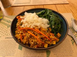 Gomoku bowl (I had them leave off the seitan). I have not had such good brown rice before, perfectly cooked and still slightly chewy. at Zrno Bio Bistro in Zagreb