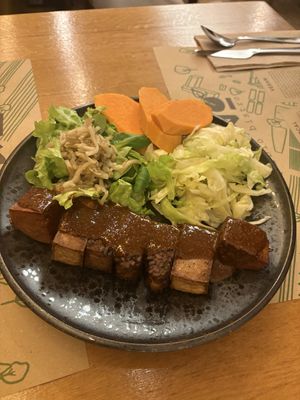 Protein trio: tempeh, tofu and seitan  at Zrno Bio Bistro in Zagreb