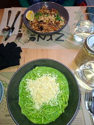 Greenpeace pasta and Yaki udon at Zrno Bio Bistro in Zagreb