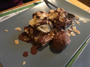 Hungarian cake with chocolate and vanilla ice cream at Zrno Bio Bistro in Zagreb