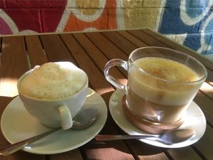 We first have dinner and came back begore leaving for a coffee. Here a capuccino and a pumpking spice latte. 🌈 at Zrno Bio Bistro in Zagreb