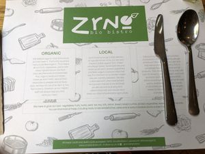 Placemat gives information on their farm in Zrno at Zrno Bio Bistro in Zagreb