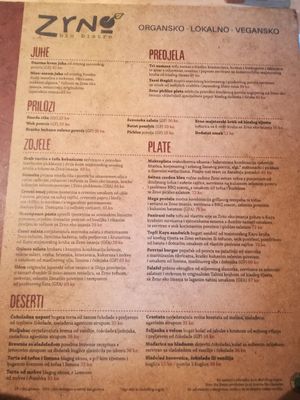 Menu: daily soup, burgers, grilled plate with smoked tofu, etc. at Zrno Bio Bistro in Zagreb