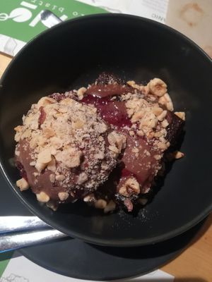Brownie with berry ice and roasted hazlenuts at Zrno Bio Bistro in Zagreb