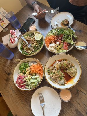 Lulu’s did not disappoint. We started with a salted chocolate chip cookie, then ordered 4 entrees. The sushi bowl, dumplings, brussel kale salad and orange tofu.   at Lulu's Local Eatery in St Louis