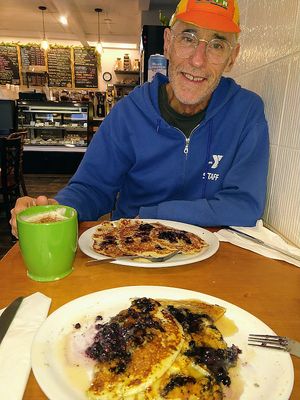 Soy Chai and Wild Blueberries on the pancakes. Yummy. at Green Elephant Cafe in Kingston
