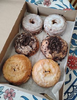 Apple cider, plain glaze, cooking and cream, and coconut ube  at New Moon Donuts & Coffee in Candler