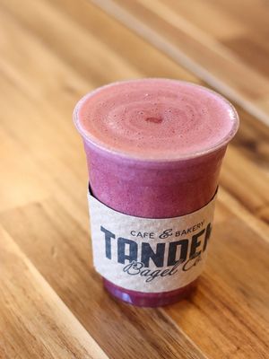 Triple Berry Blitz Smoothie - strawberries, blueberries, raspberries, spinach, and orange juice at Tandem Bagel Company in Easthampton