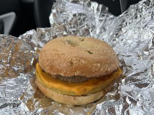 Vegan egg, vegan cheese, vegan sausage on jalapeño bagel  at Tandem Bagel Company in Easthampton