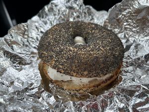 Poppy seed bagel with vegan cream cheese  at Tandem Bagel Company in Easthampton