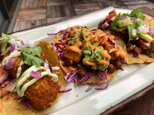 Taco Trio!  Hand-made tacos with "fish", carnitas, and squash.  All vegan! at Our Sunny Workshop in Kyoto