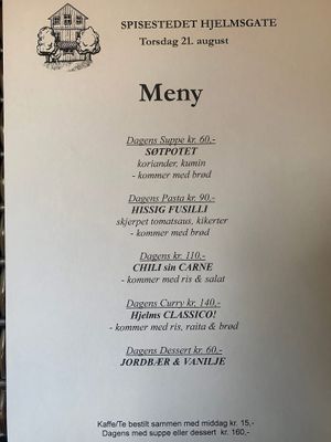 Daily menu (changes every day). Sweet potato soup, pasta w/tomato sauce and chickpeas, chili sin carne, curry, and strawberries with vanilla sauce as dessert.   at Spisestedet in Oslo