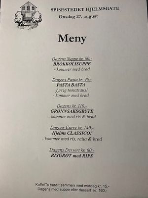 Daily menu (changes every day). Broccoli soup, pasta w/tomato sauce, veggie stew, curry and rice porridge with berries.  at Spisestedet in Oslo