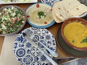 Tabouleh, moutabal and lentil soup  at Restaurante Palestina in Granada