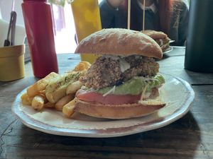 hamburguesa “tejedora” en pan ciabatta  at Guadalupe Vegan  in Talca