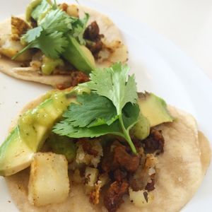 Breakfast Tacos with potatoes and Chorizo Seitan. at Liberation Kitchen in Chicago