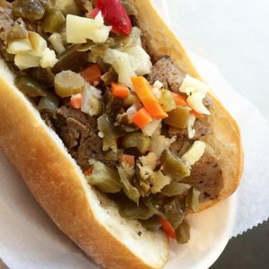 Vegan 'Chicago-Style' Italian Sandwich with giardiniera.  at Liberation Kitchen in Chicago