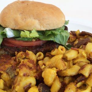 Diner Deluxe Burger with a side of Fried Bacon Mac + Cheese. at Liberation Kitchen in Chicago