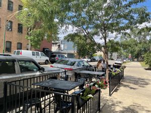 Shady outdoor seating  at Liberation Kitchen in Chicago