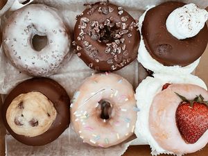Vegan half dozen assorted doughnuts ordered through UberEats 🍩  at Liberation Kitchen in Chicago