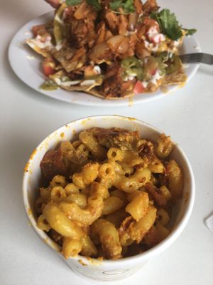 vegan mac n cheese & nacho plate  at Liberation Kitchen in Chicago