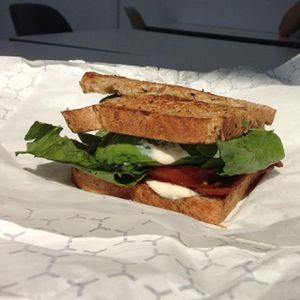BLT: Our Bacon Seitan with lettuce, tomato, and 
housemade mayo on toasted wholegrain bread. at Liberation Kitchen in Chicago