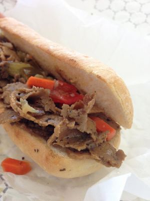 Italian Sandwich: Our sliced Italian Seitan served “Chicago style” 
with giardiniera. at Liberation Kitchen in Chicago