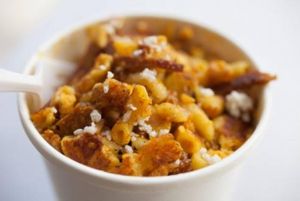 Fried Bacon Mac: Housemade mac & cheese with our Bacon Seitan, 
fried on the grill to order at Liberation Kitchen in Chicago