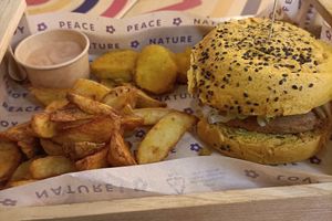 Hot Burger (the February special) with potatoes, nuggets and a Spicy sauce at Flower Burger in Padua