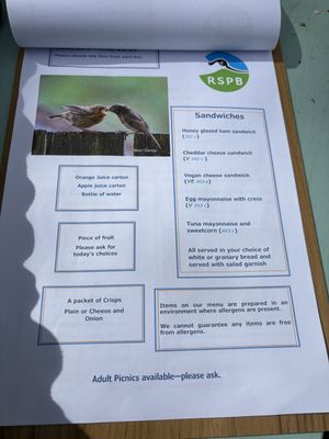 Menu with VE options   at RSPB Titchwell Marsh in Kings Lynn