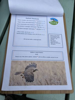 Menu with VE options   at RSPB Titchwell Marsh in Kings Lynn