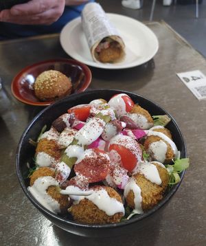 Falafel salad, stuffed falafel and falafel wrap at Wazzup Falafel in Northcote